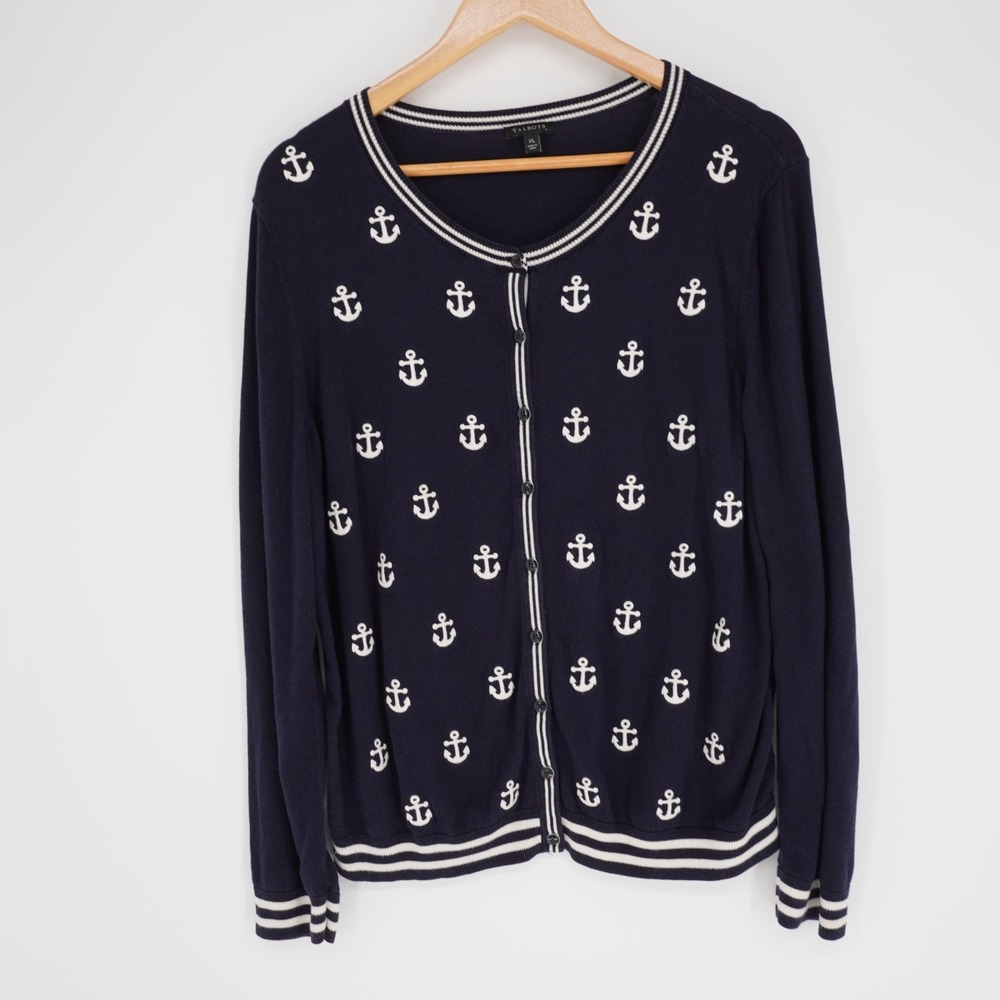 Talbots Anchor Cardigan Sweater Navy Womens XL Nautical Preppy Fisherman Coastal